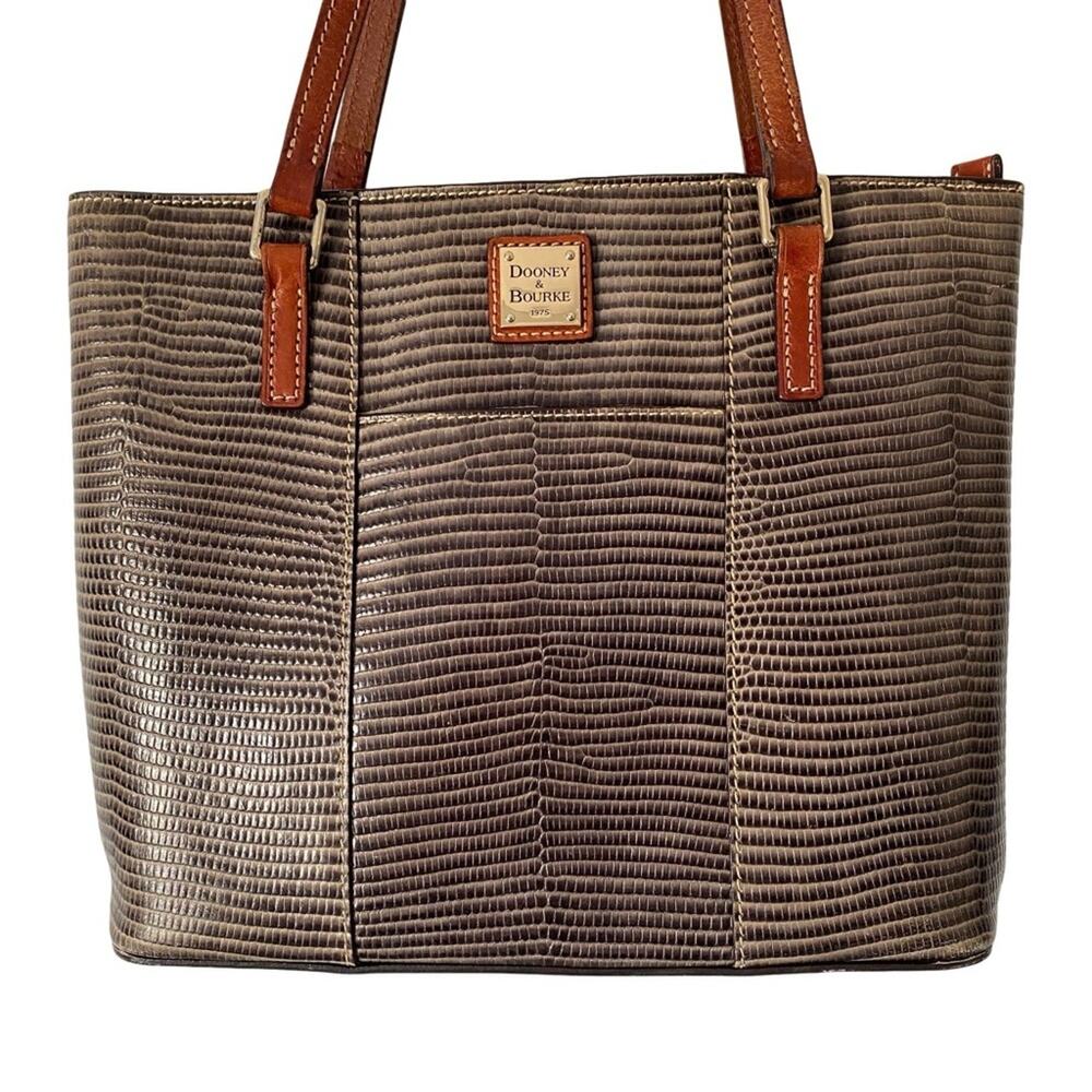 Dooney & Bourke Brown Gray Leather Lizard Embossed Tote Bag Purse - Picture 2 of 10